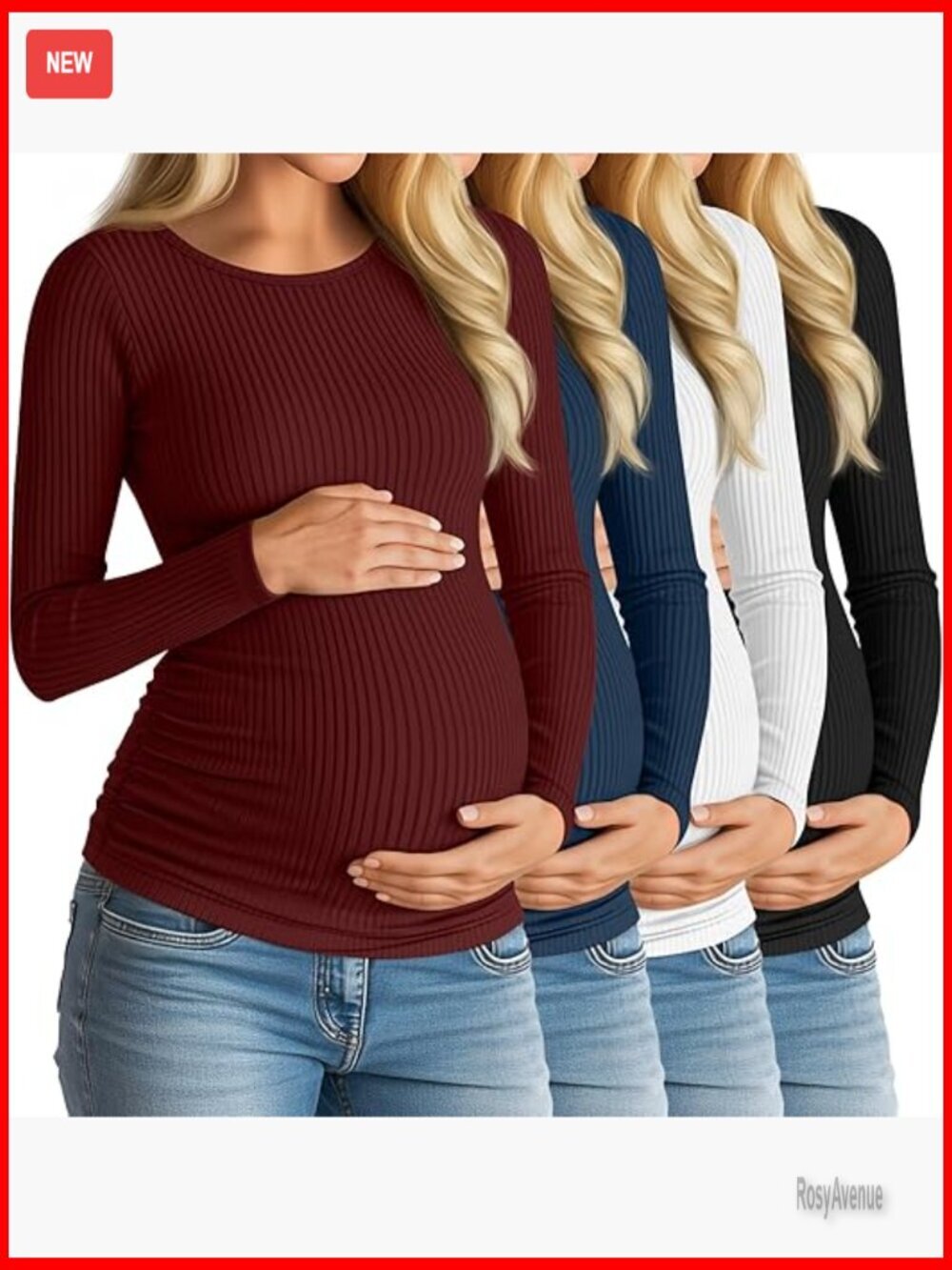 4 Pack Maternity Long Sleeve Cotton Ribbed Tops Side Ruched Crew Neck